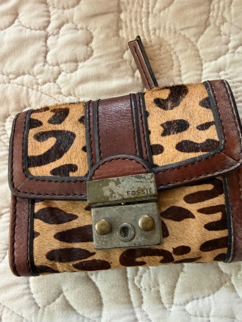 Fossil Leopard Print Calf Hair Trifold Wallet